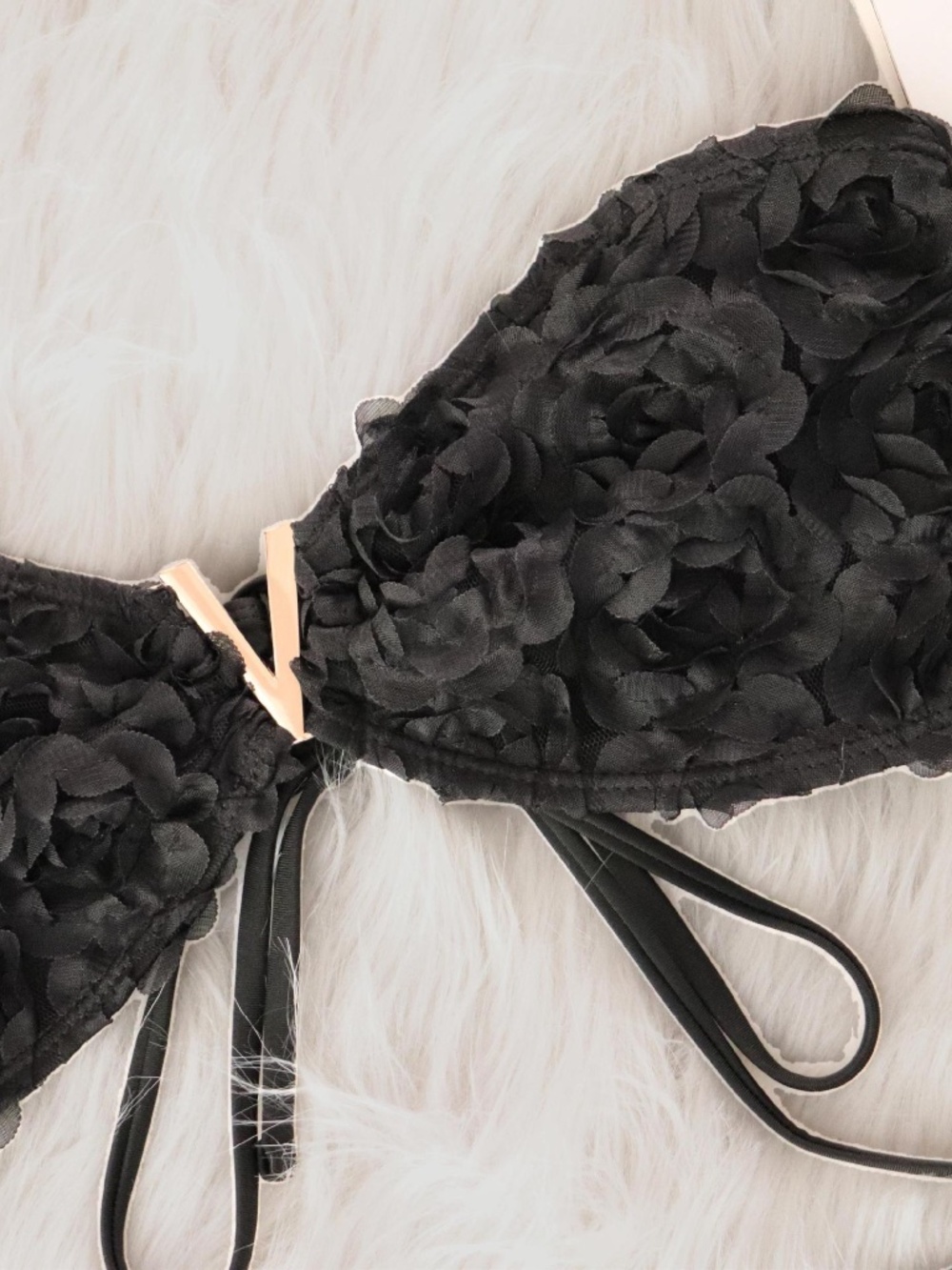 Black Floral Strapless Bikini Gold V-Bar Swimsuit | S - Picture 7 of 7